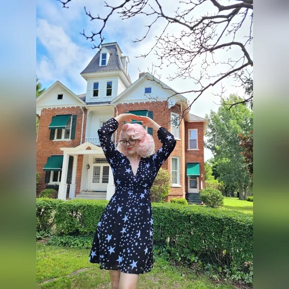 Starry Night Black Dress Star Print Long Sleeves Celestial Small - Picture 4 of 4